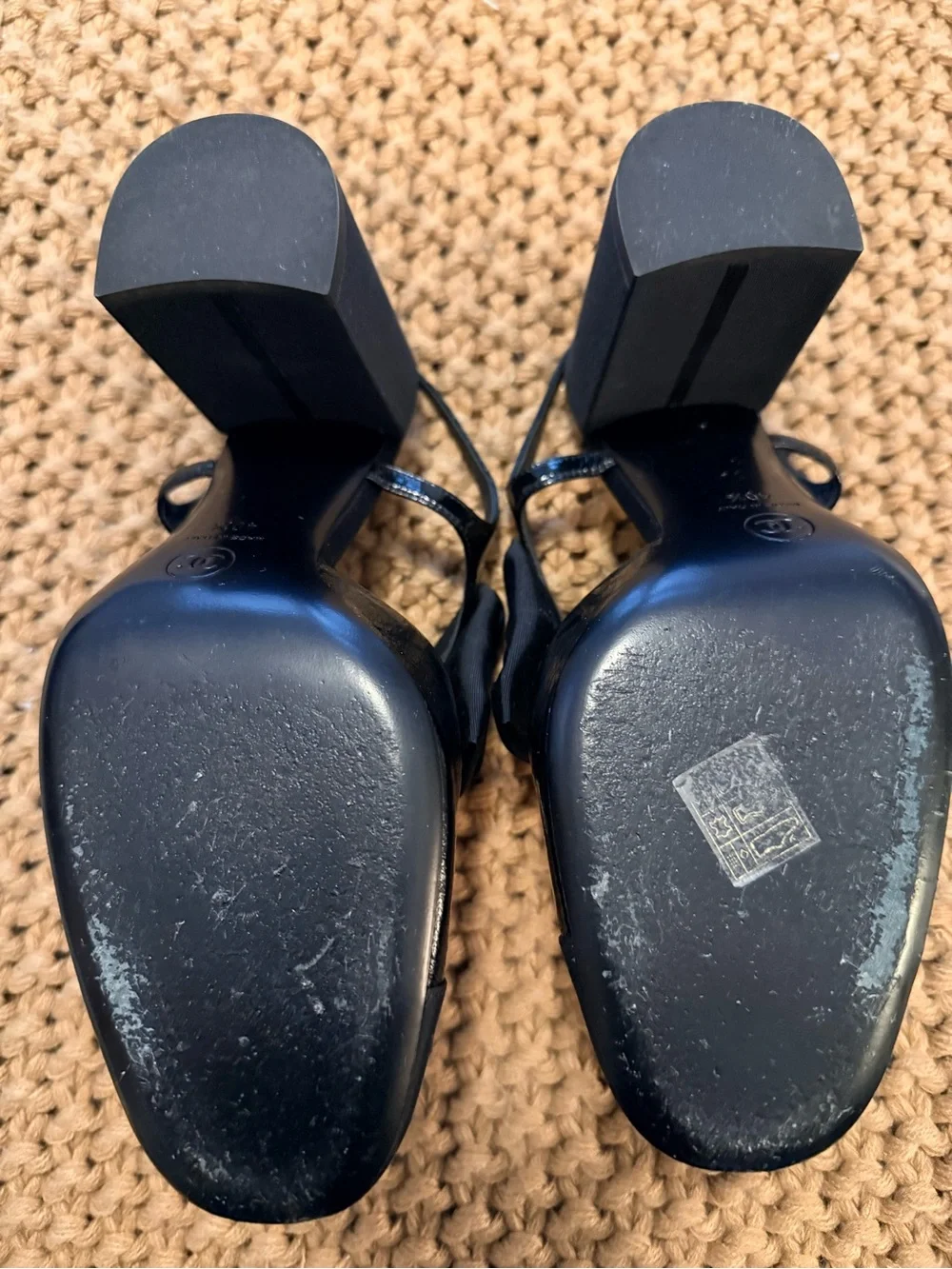CHANEL Black Slingback Mules with White Camellia Flower